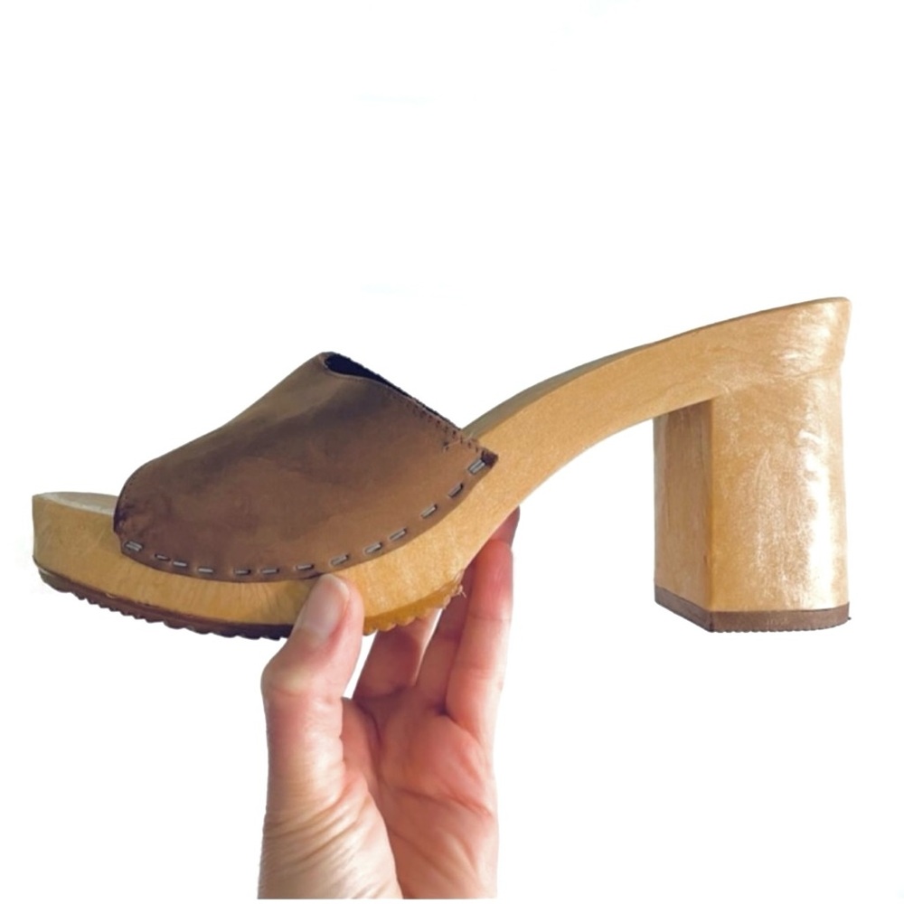 Bugle Boy For Her Rare Vintage Wood Platform Heel Mule Sandal Leather Strap Sz 9